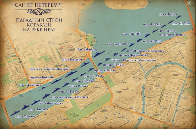 Парадный строй кораблей на Неве в День ВМФ 29 июля 2018 года
